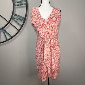 Ann Taylor Ruffle Dress Peach Cream Printed Sleeveless Lined V-Neck Size 8